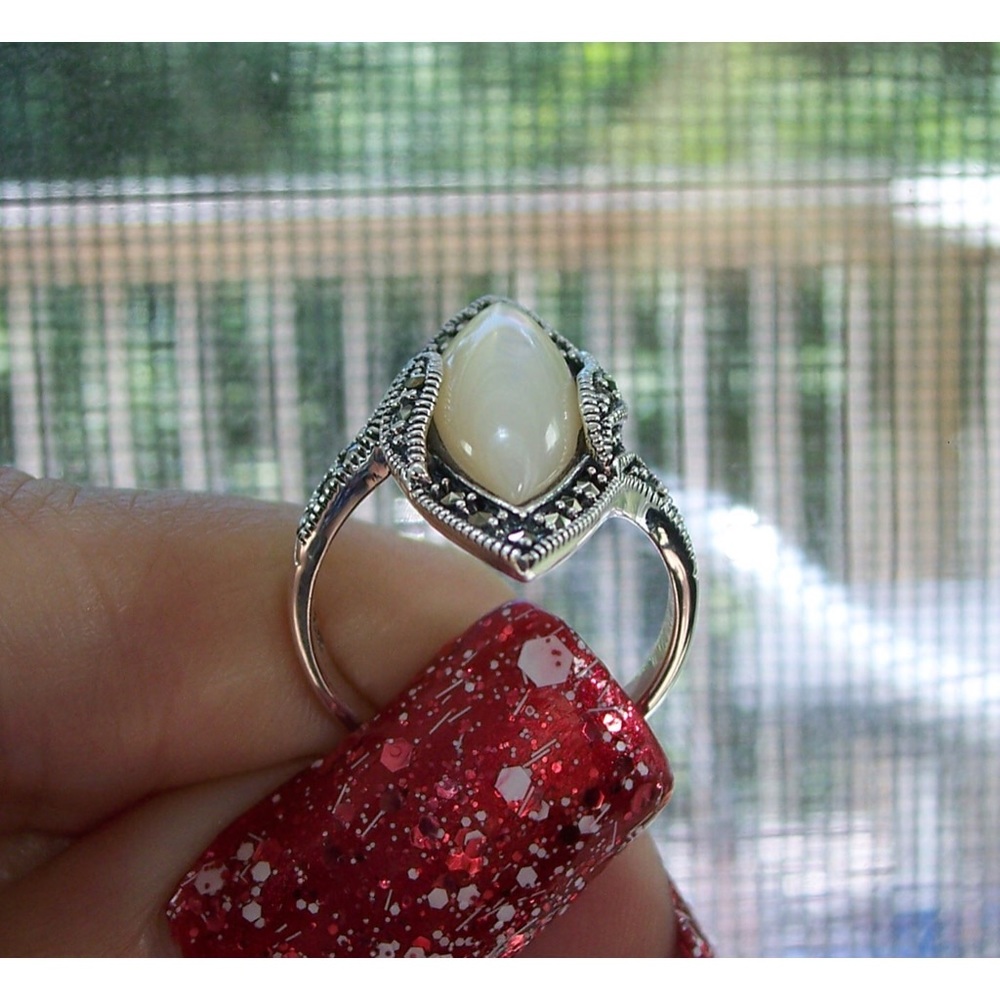 Mother Of Pearl Marcasite Ring 925 Sterling Silver Marquise Women's - Picture 7 of 15